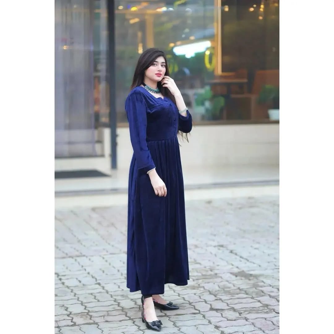 Beautiful Blue Velvet Frock - 1 Pc Women's Stitched Apparel