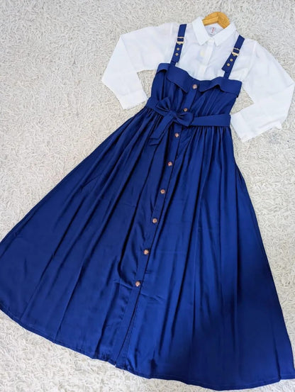 Stylish Navy Blue Linen Women’s Dress - 2 Pcs Ensemble