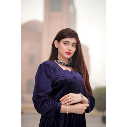 Beautiful Blue Velvet Frock - 1 Pc Women's Stitched Apparel