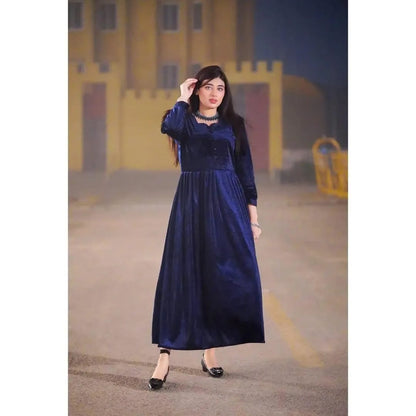 Beautiful Blue Velvet Frock - 1 Pc Women's Stitched Apparel
