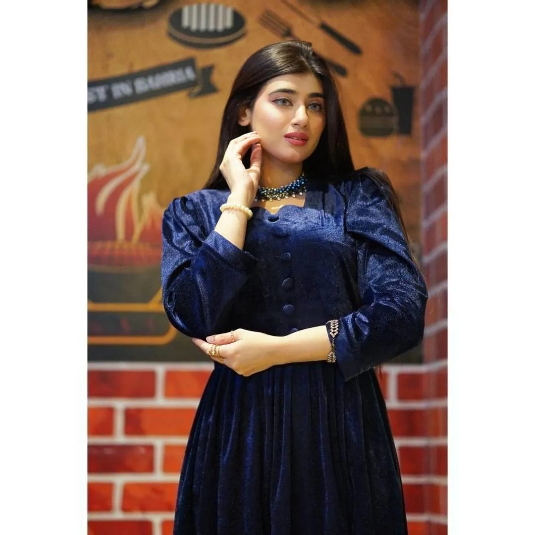 Beautiful Blue Velvet Frock - 1 Pc Women's Stitched Apparel