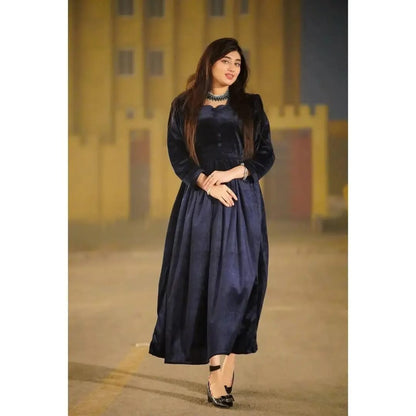 Beautiful Blue Velvet Frock - 1 Pc Women's Stitched Apparel
