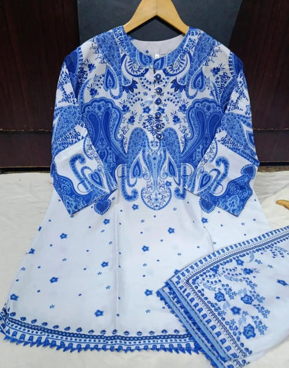 2 Pcs Women's Stitched Swiss Lawn Printed Shirt And Trouser