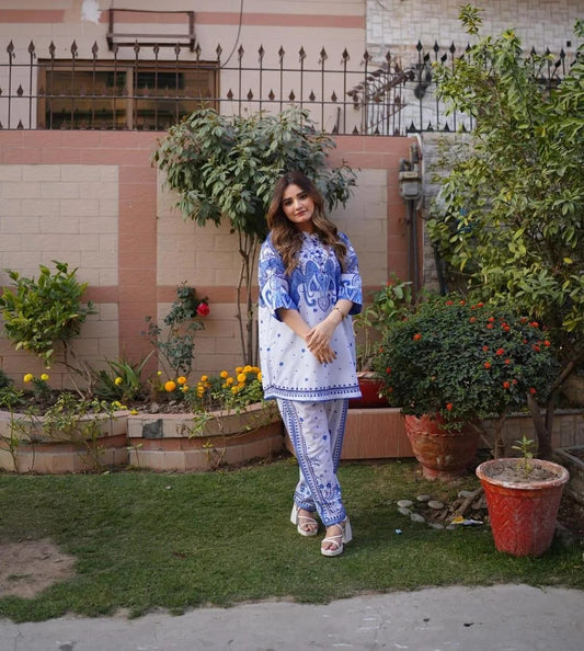2 Pcs Women's Stitched Swiss Lawn Printed Shirt And Trouser