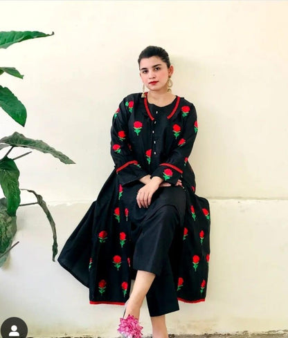 Women's Stitched Embroidered Gown Suit Set - 3 Pcs in Katan Silk