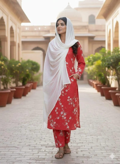 Stylish Women's Stitched Printed Suit in Red - 3 Pcs Set