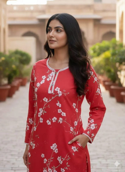 Stylish Women's Stitched Printed Suit in Red - 3 Pcs Set