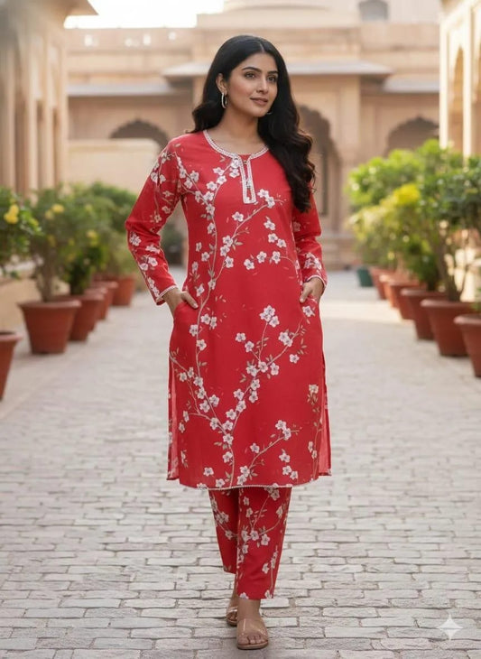 Stylish Women's Stitched Printed Suit in Red - 3 Pcs Set