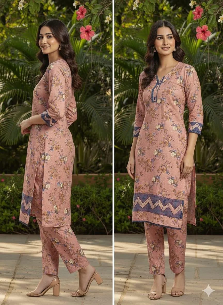 Stylish Women's Stitched Printed Shirt And Trouser Set - 2 Pcs in Peach