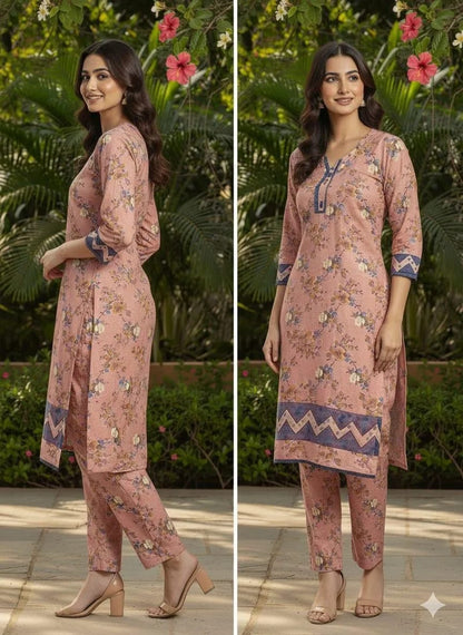 Stylish Women's Stitched Printed Shirt And Trouser Set - 2 Pcs in Peach