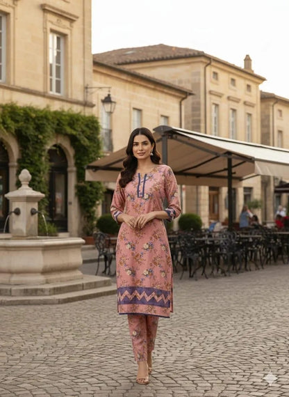 Stylish Women's Stitched Printed Shirt And Trouser Set - 2 Pcs in Peach